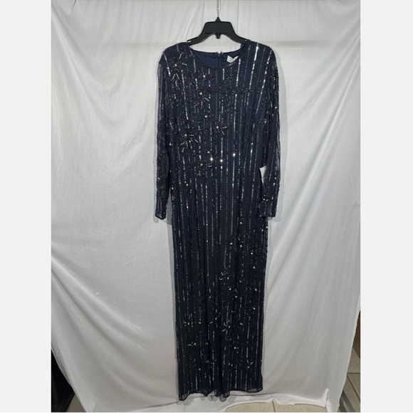 NWT $598 Mac Duggal [ 16 ] Embellished High Neck Long Sleeve Gown Blue‎ - Picture 8 of 15